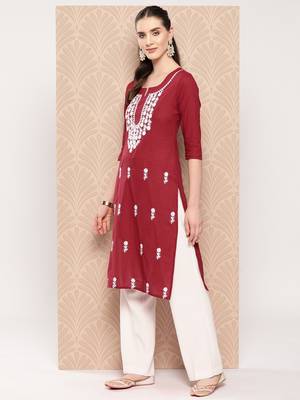  maroon chikankari straight kurta 2