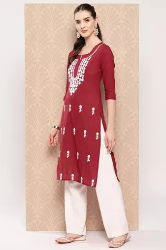  maroon chikankari straight kurta