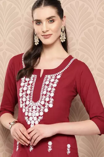  maroon chikankari straight kurta