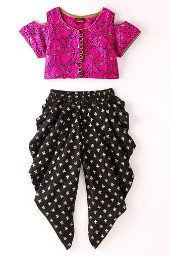 Twisha Girls Cold Shoulder Brocade Top & Foil Printed Dhoti - Pink & Black