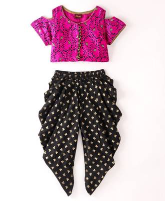 Twisha Girls Cold Shoulder Brocade Top & Foil Printed Dhoti - Pink & Black 1