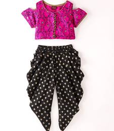 Twisha Girls Cold Shoulder Brocade Top & Foil Printed Dhoti - Pink & Black