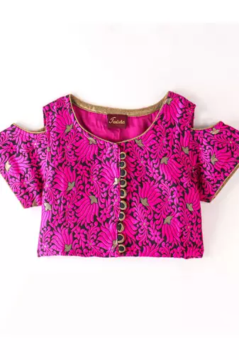 Twisha Girls Cold Shoulder Brocade Top & Foil Printed Dhoti - Pink & Black