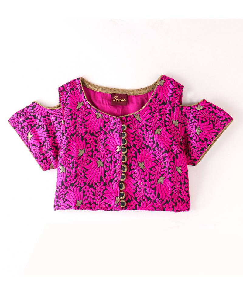 Twisha Girls Cold Shoulder Brocade Top & Foil Printed Dhoti - Pink & Black