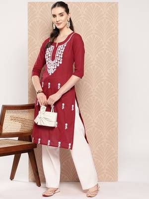  maroon chikankari straight kurta 5