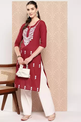  maroon chikankari straight kurta