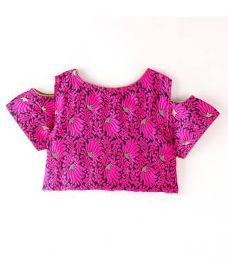 Twisha Girls Cold Shoulder Brocade Top & Foil Printed Dhoti - Pink & Black 3
