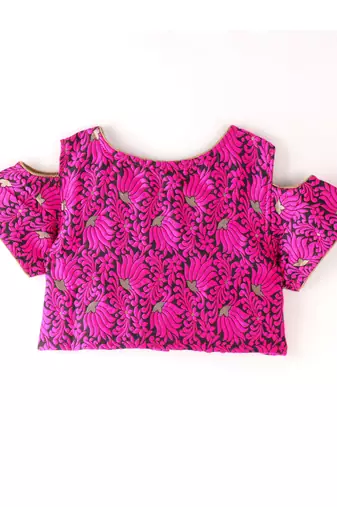 Twisha Girls Cold Shoulder Brocade Top & Foil Printed Dhoti - Pink & Black