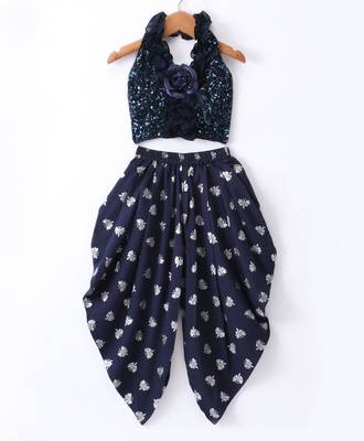 Twisha Girls Halter Neck Sequinned Front Ruffles Designer Top & Silver Printed Dhoti Pants - Navy Blue 1