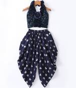 Twisha Girls Halter Neck Sequinned Front Ruffles Designer Top & Silver Printed Dhoti Pants - Navy Blue