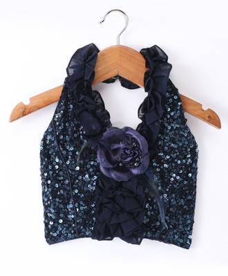 Twisha Girls Halter Neck Sequinned Front Ruffles Designer Top & Silver Printed Dhoti Pants - Navy Blue 2