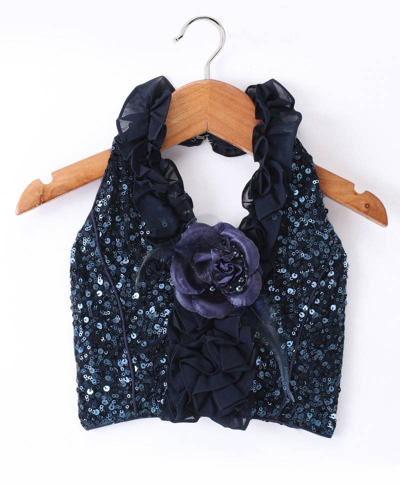Twisha Girls Halter Neck Sequinned Front Ruffles Designer Top & Silver Printed Dhoti Pants - Navy Blue