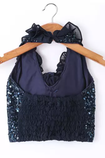Twisha Girls Halter Neck Sequinned Front Ruffles Designer Top & Silver Printed Dhoti Pants - Navy Blue