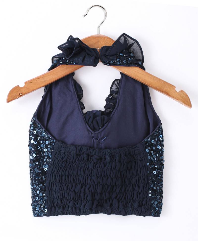 Twisha Girls Halter Neck Sequinned Front Ruffles Designer Top & Silver Printed Dhoti Pants - Navy Blue