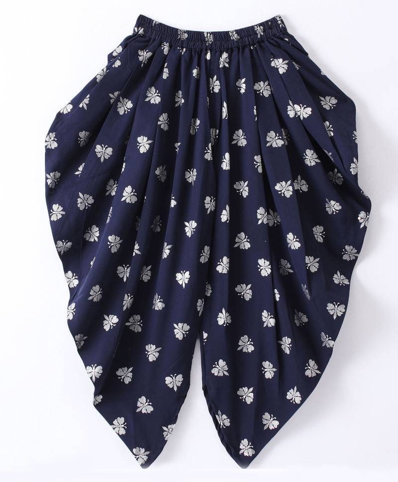 Twisha Girls Halter Neck Sequinned Front Ruffles Designer Top & Silver Printed Dhoti Pants - Navy Blue