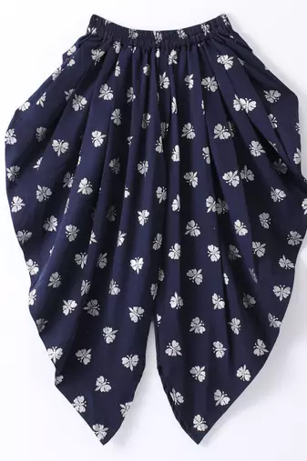 Twisha Girls Halter Neck Sequinned Front Ruffles Designer Top & Silver Printed Dhoti Pants - Navy Blue
