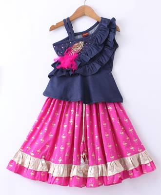 Twisha Girls Denim Ruffle Top Embellished With Bird Applique & Foil Printed Ghagra - Blue & Pink 1