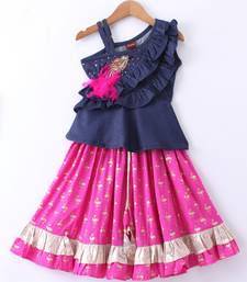 Twisha Girls Denim Ruffle Top Embellished With Bird Applique & Foil Printed Ghagra - Blue & Pink