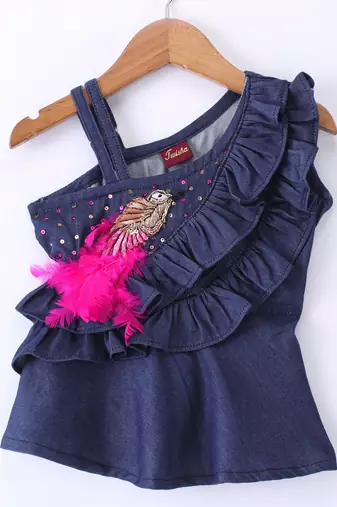 Twisha Girls Denim Ruffle Top Embellished With Bird Applique & Foil Printed Ghagra - Blue & Pink