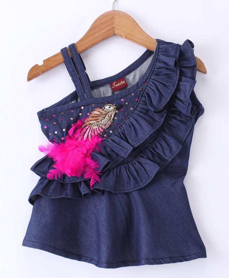 Twisha Girls Denim Ruffle Top Embellished With Bird Applique & Foil Printed Ghagra - Blue & Pink