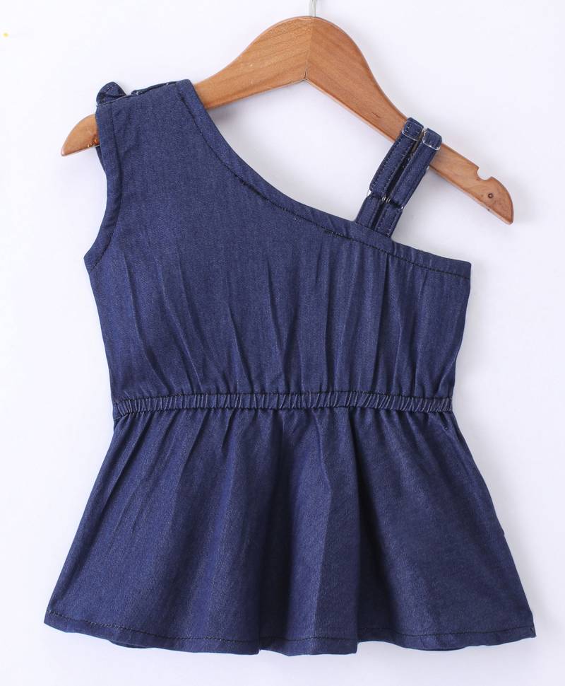 Twisha Girls Denim Ruffle Top Embellished With Bird Applique & Foil Printed Ghagra - Blue & Pink