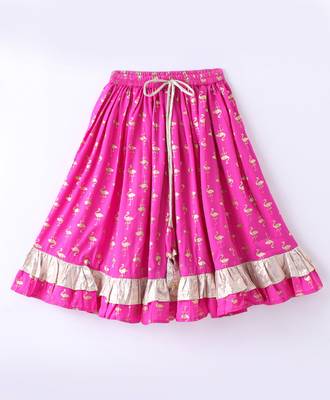 Twisha Girls Denim Ruffle Top Embellished With Bird Applique & Foil Printed Ghagra - Blue & Pink 4