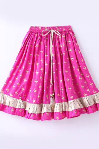 Twisha Girls Denim Ruffle Top Embellished With Bird Applique & Foil Printed Ghagra - Blue & Pink