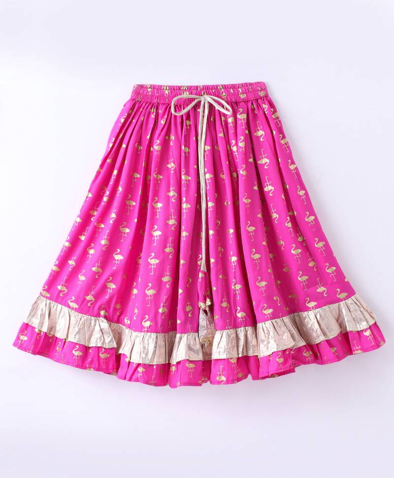 Twisha Girls Denim Ruffle Top Embellished With Bird Applique & Foil Printed Ghagra - Blue & Pink