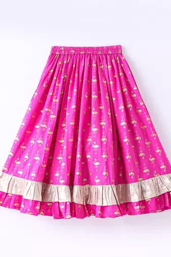 Twisha Girls Denim Ruffle Top Embellished With Bird Applique & Foil Printed Ghagra - Blue & Pink