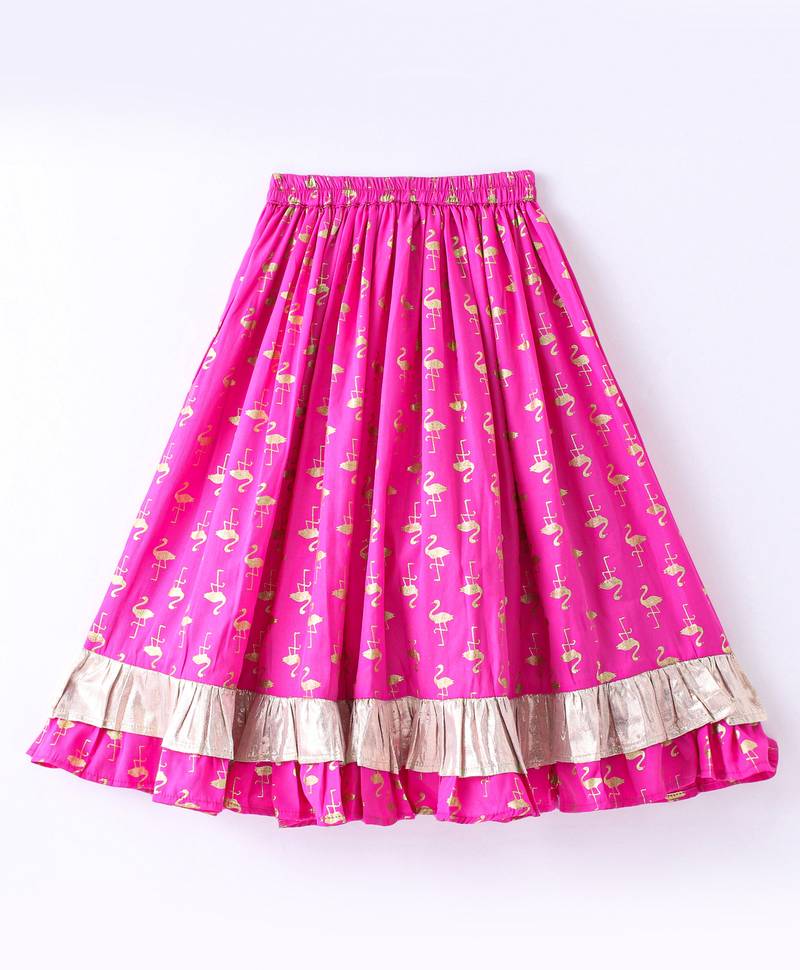 Twisha Girls Denim Ruffle Top Embellished With Bird Applique & Foil Printed Ghagra - Blue & Pink