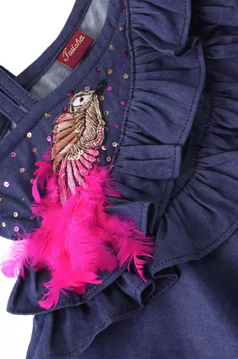 Twisha Girls Denim Ruffle Top Embellished With Bird Applique & Foil Printed Ghagra - Blue & Pink