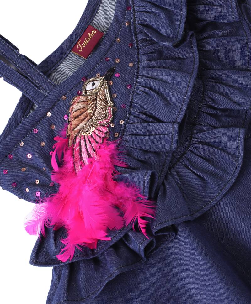 Twisha Girls Denim Ruffle Top Embellished With Bird Applique & Foil Printed Ghagra - Blue & Pink