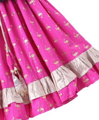 Twisha Girls Denim Ruffle Top Embellished With Bird Applique & Foil Printed Ghagra - Blue & Pink 7