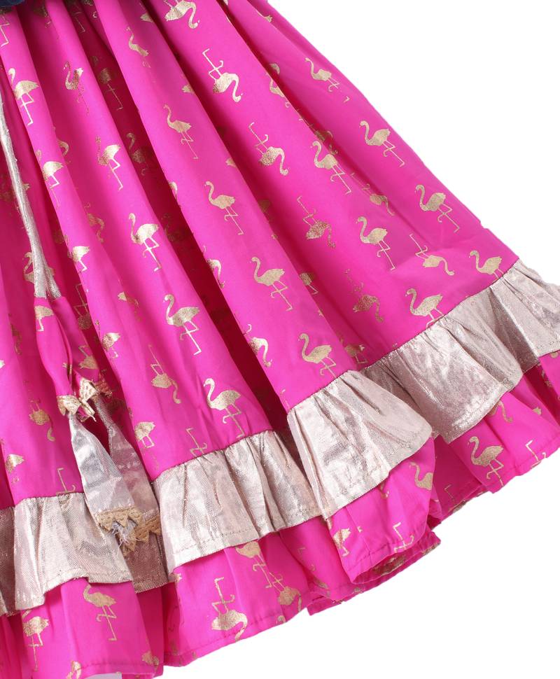 Twisha Girls Denim Ruffle Top Embellished With Bird Applique & Foil Printed Ghagra - Blue & Pink