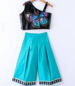Twisha Girls Faux Leather Top Embellished With Butterfly Patch And Studds & Self Designed Palazzo - Black & Blue