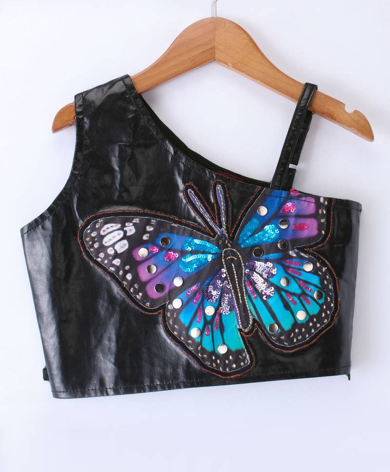 Twisha Girls Faux Leather Top Embellished With Butterfly Patch And Studds & Self Designed Palazzo - Black & Blue