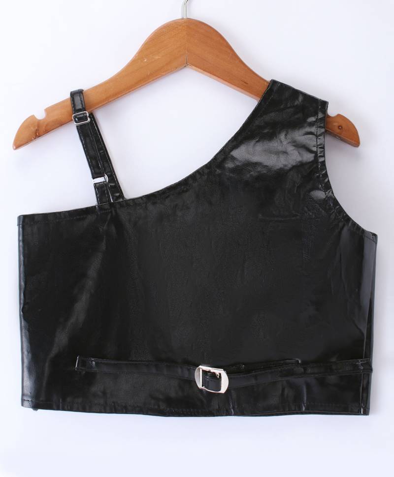 Twisha Girls Faux Leather Top Embellished With Butterfly Patch And Studds & Self Designed Palazzo - Black & Blue