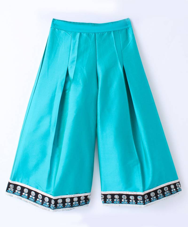 Twisha Girls Faux Leather Top Embellished With Butterfly Patch And Studds & Self Designed Palazzo - Black & Blue