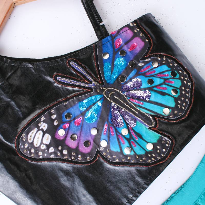 Twisha Girls Faux Leather Top Embellished With Butterfly Patch And Studds & Self Designed Palazzo - Black & Blue