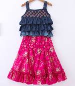 Twisha Girls Embroidered Frilled Denim Top & Foil Printed Ghagra - Blue & Pink