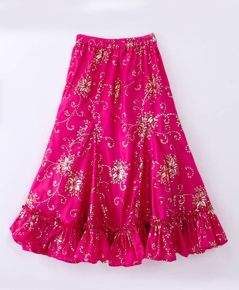 Twisha Girls Embroidered Frilled Denim Top & Foil Printed Ghagra - Blue & Pink