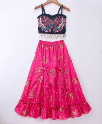 Twisha Girls Elaborate Butterfly Embroidered Denim Crop Top & Foil Printed Gahgra - Blue & Pink 1