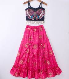 Twisha Girls Elaborate Butterfly Embroidered Denim Crop Top & Foil Printed Gahgra - Blue & Pink