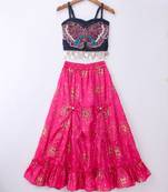 Twisha Girls Elaborate Butterfly Embroidered Denim Crop Top & Foil Printed Gahgra - Blue & Pink