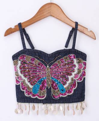 Twisha Girls Elaborate Butterfly Embroidered Denim Crop Top & Foil Printed Gahgra - Blue & Pink 2