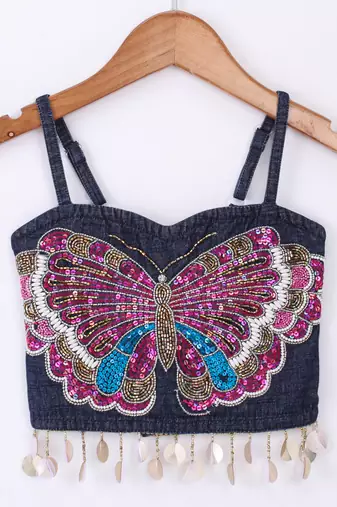 Twisha Girls Elaborate Butterfly Embroidered Denim Crop Top & Foil Printed Gahgra - Blue & Pink
