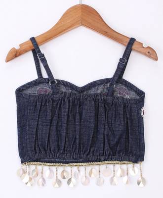 Twisha Girls Elaborate Butterfly Embroidered Denim Crop Top & Foil Printed Gahgra - Blue & Pink 3