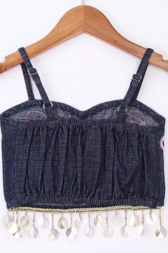 Twisha Girls Elaborate Butterfly Embroidered Denim Crop Top & Foil Printed Gahgra - Blue & Pink