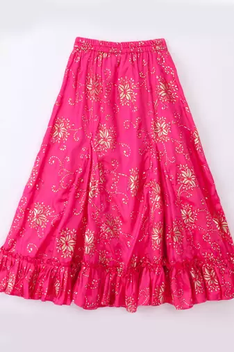 Twisha Girls Elaborate Butterfly Embroidered Denim Crop Top & Foil Printed Gahgra - Blue & Pink