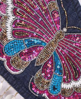 Twisha Girls Elaborate Butterfly Embroidered Denim Crop Top & Foil Printed Gahgra - Blue & Pink 6